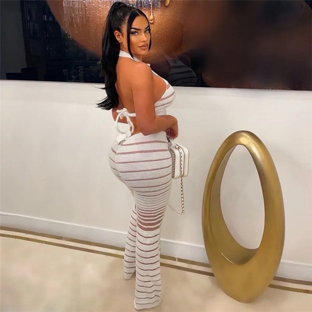 Striped White Halter Crop Top & Flared Leg Set — White MESH - Picture 3 of 3